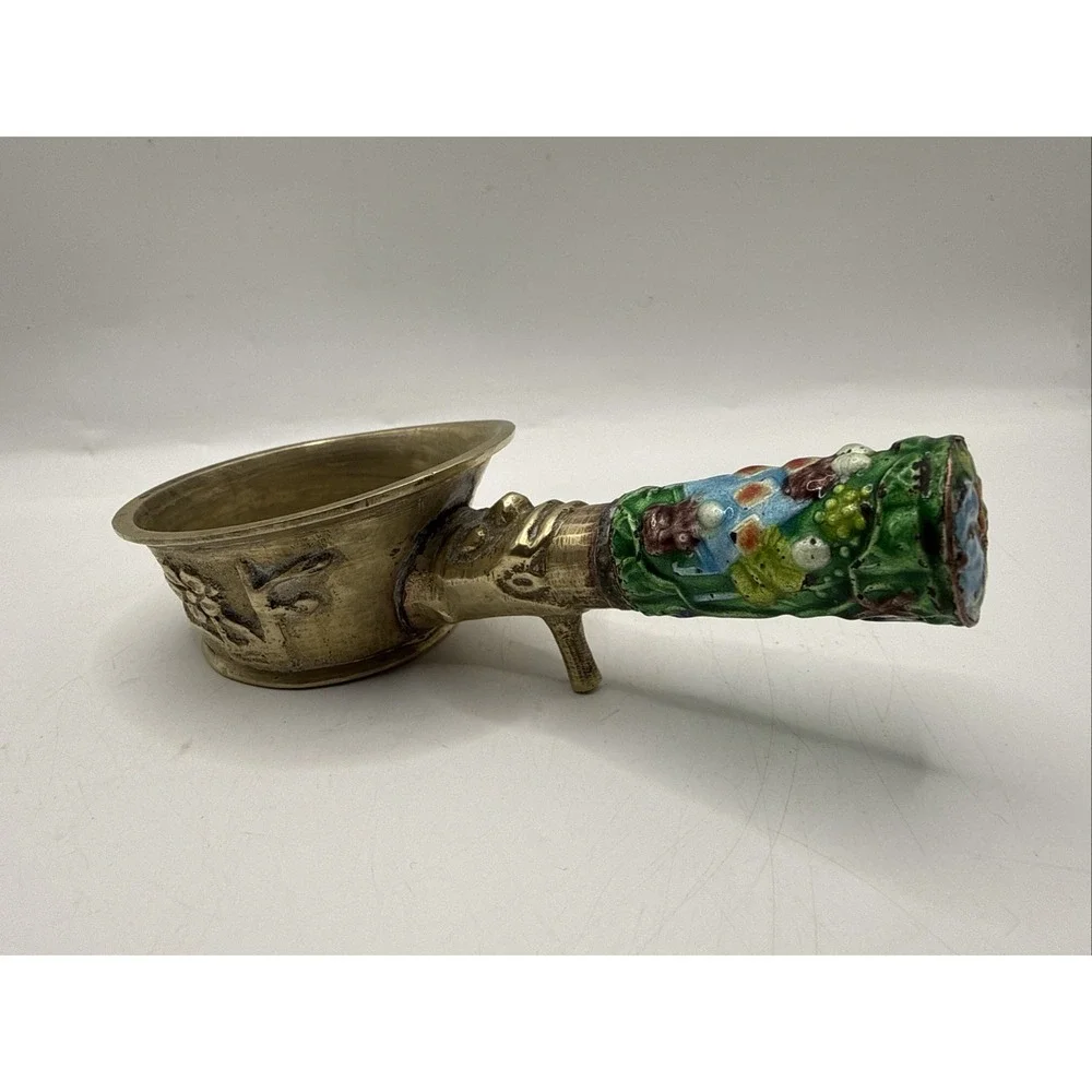 Vintage 1960's Brass Chinese Silk Iron With Enamel Cloisonné Handle Scoop